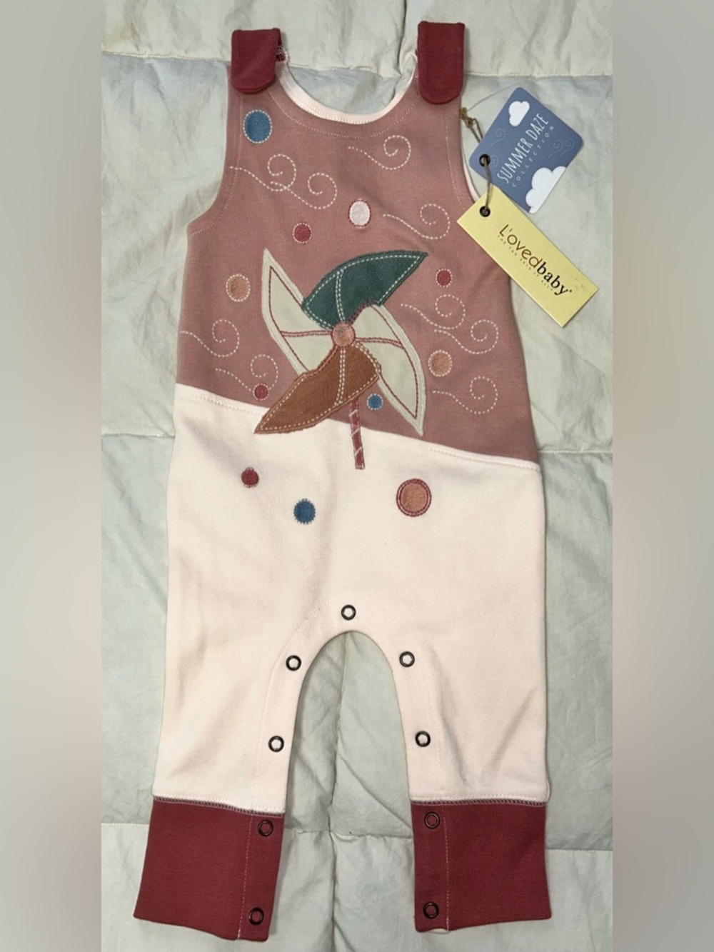 Loved Baby pinwheel appliqué harem romper sz 9-12 months NWT